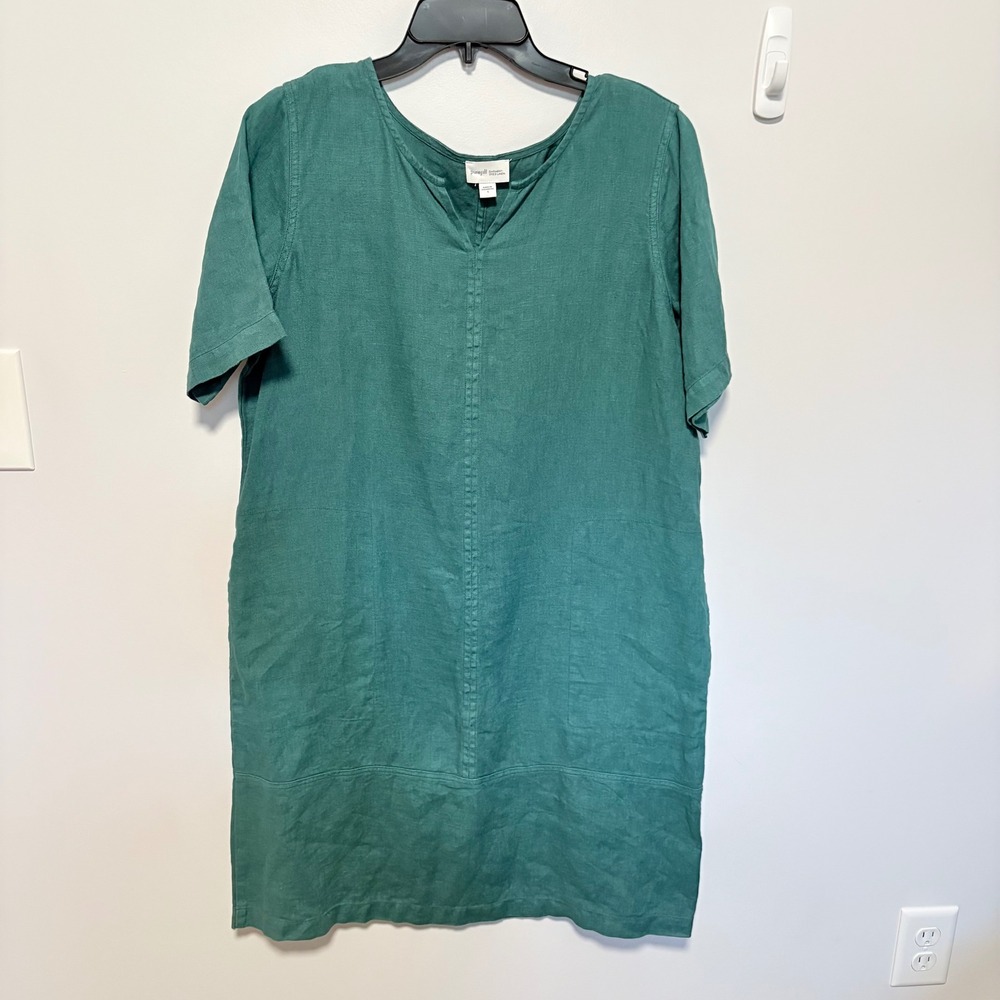 Pure Jill Garment-Dyed Linen Sheath Dress Womens Teal Small Short Sleeve Pockets